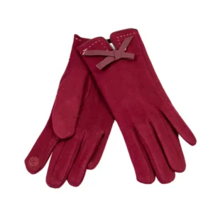 γάντια αφής υφασμάτινα με φιογκάκι δερματίνης σε κόκκινο