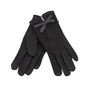 γάντια αφής υφασμάτινα με φιογκάκι δερματίνης σε μαύρο