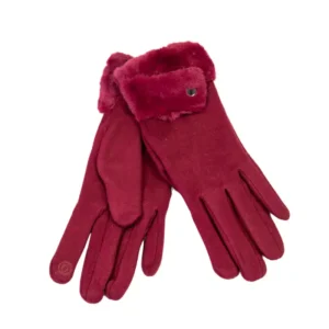 γάντια αφής υφασμάτινα με κουμπί και γούνα σε κόκκινο