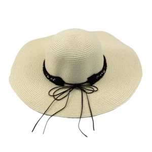 καπέλο ψάθινο με υφασμάτινη λεπτομέρεια μπεζ με μαύρο