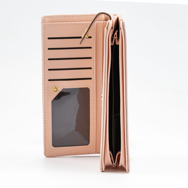 πορτοφόλι μεγάλο με μεταλλικό κούμπωμα φύλλο ροζ με με μπεζ λεπτομέρειες