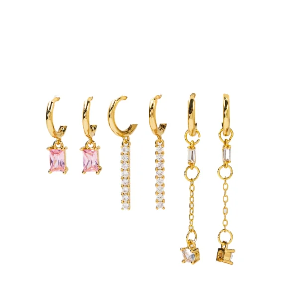 σετ σκουλαρίκια κρεμαστά με λευκές και ροζ πέτρες ατσάλινα σε χρυσό