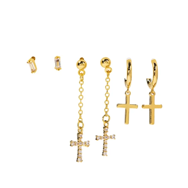 σετ σκουλαρίκια με κρεμαστούς σταυρούς ατσάλινα σε χρυσό