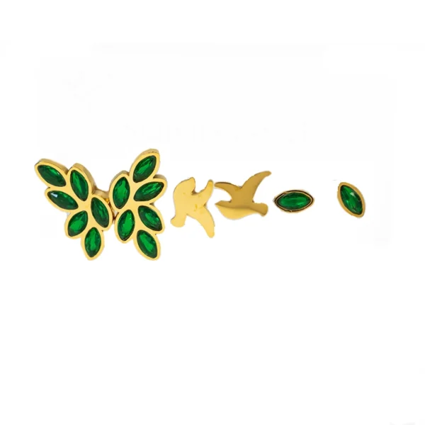 σετ σκουλαρίκια πουλί και πράσινη πέτρα ατσάλινα σε χρυσό