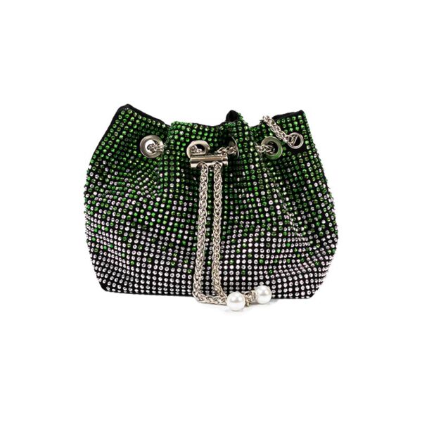 τσάντα πουγκί με στρας και αλυσίδα πράσινο ασημί χρώμα